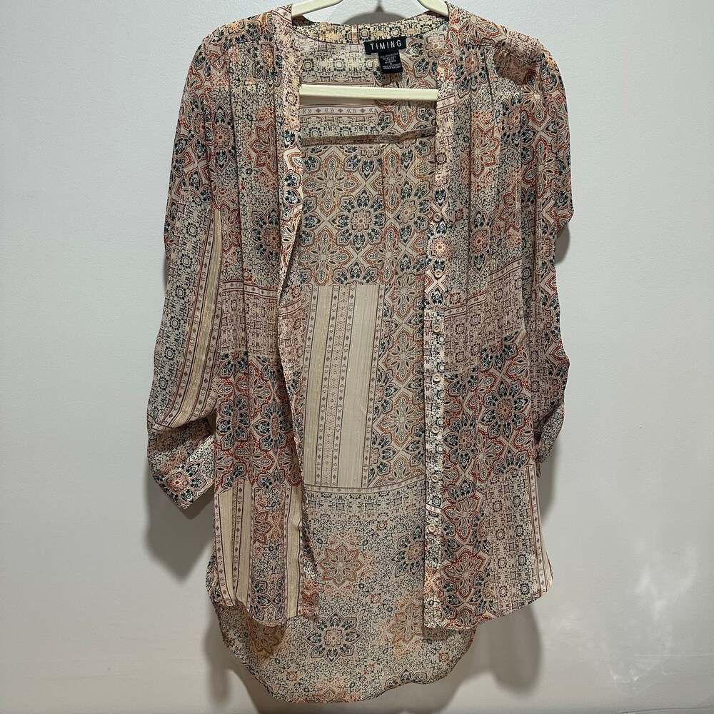 Timing Boho Paisley Print High-Low Blouse with Gold Thread Detail, Sz S